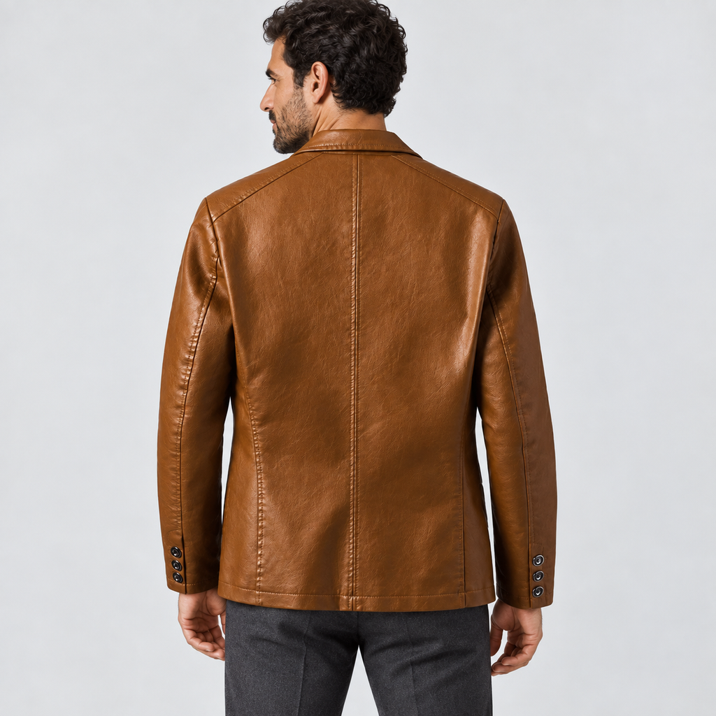 Leather-Look Blazer with Patch Pockets in cognac brown - back view on model