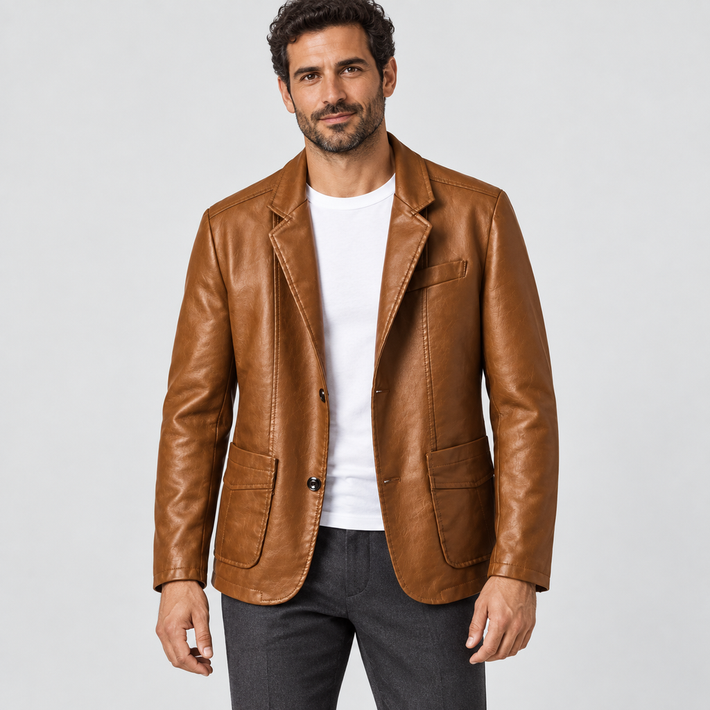 Leather-Look Blazer with Patch Pockets in cognac brown - front view on model