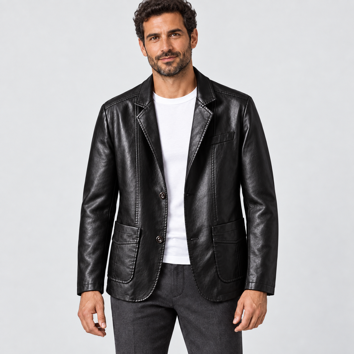 Leather-Look Blazer with Patch Pockets in obsidian black - front view on model