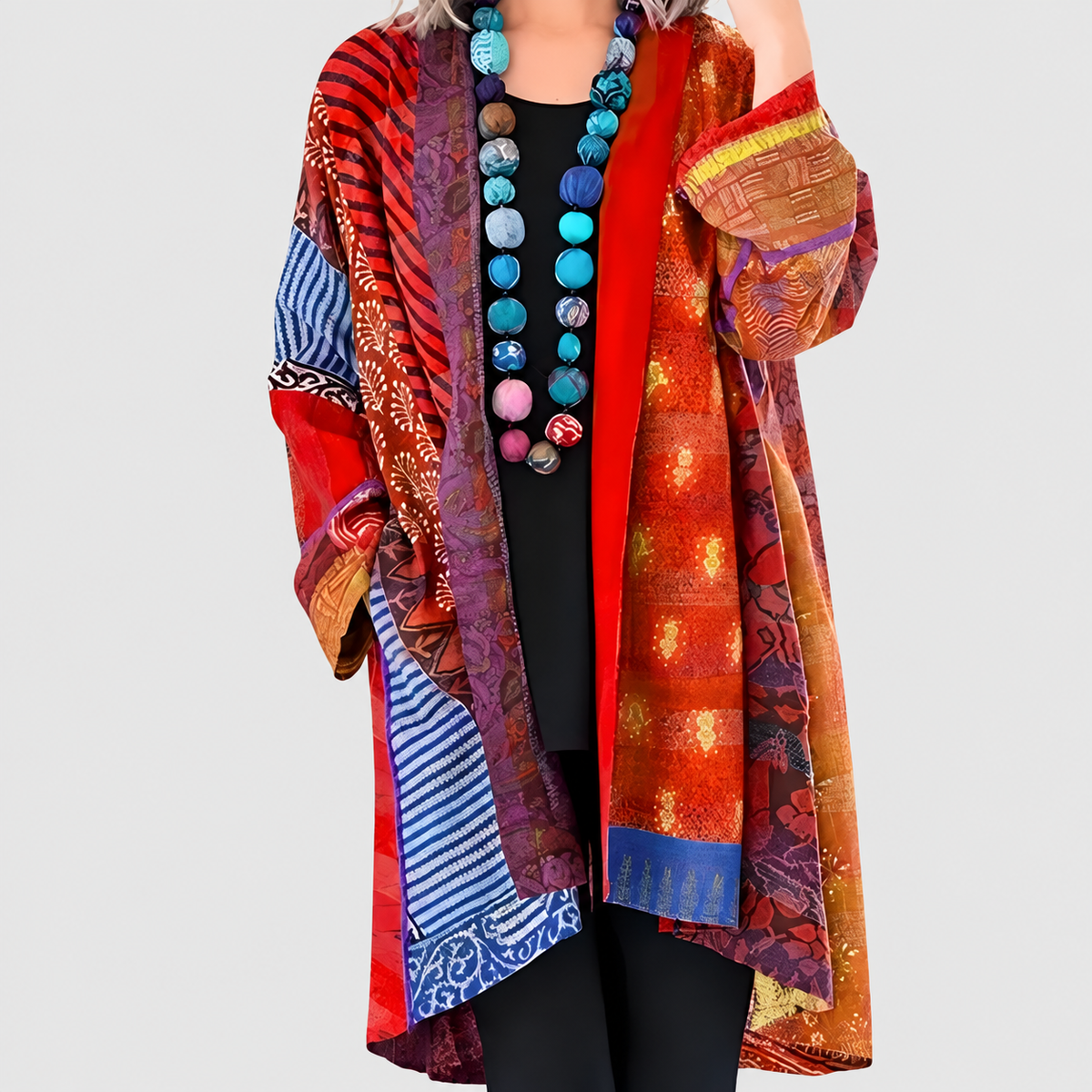 Luciana | Women’s Colourful Boho-Print Long-Sleeve Cardigan — Red