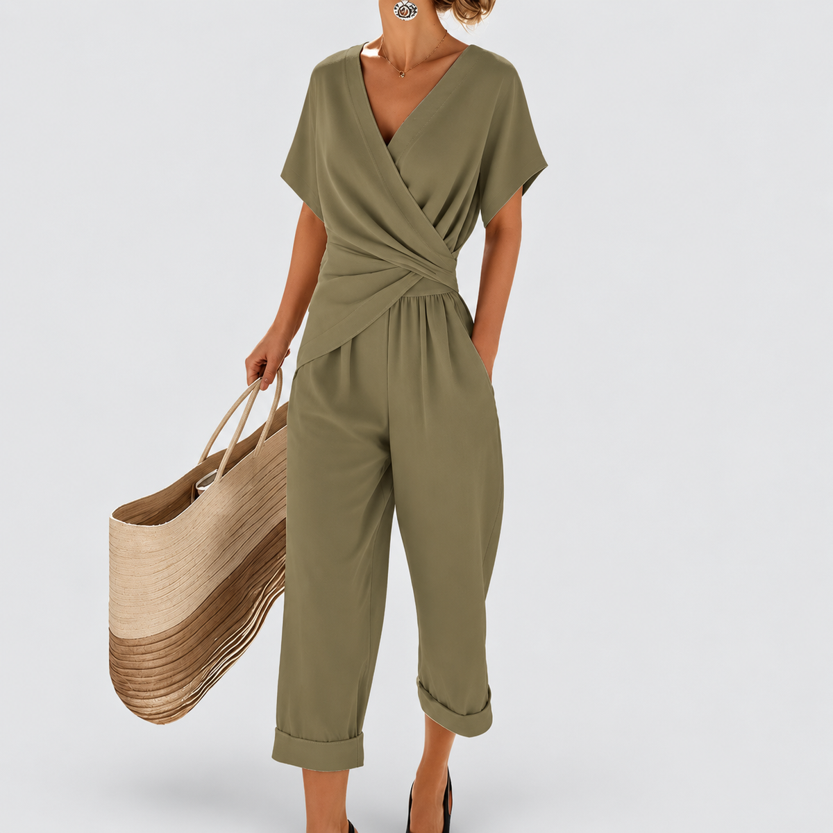 Lucinda | Women’s Wrap-Front Top and Cropped-Trouser Set — Khaki