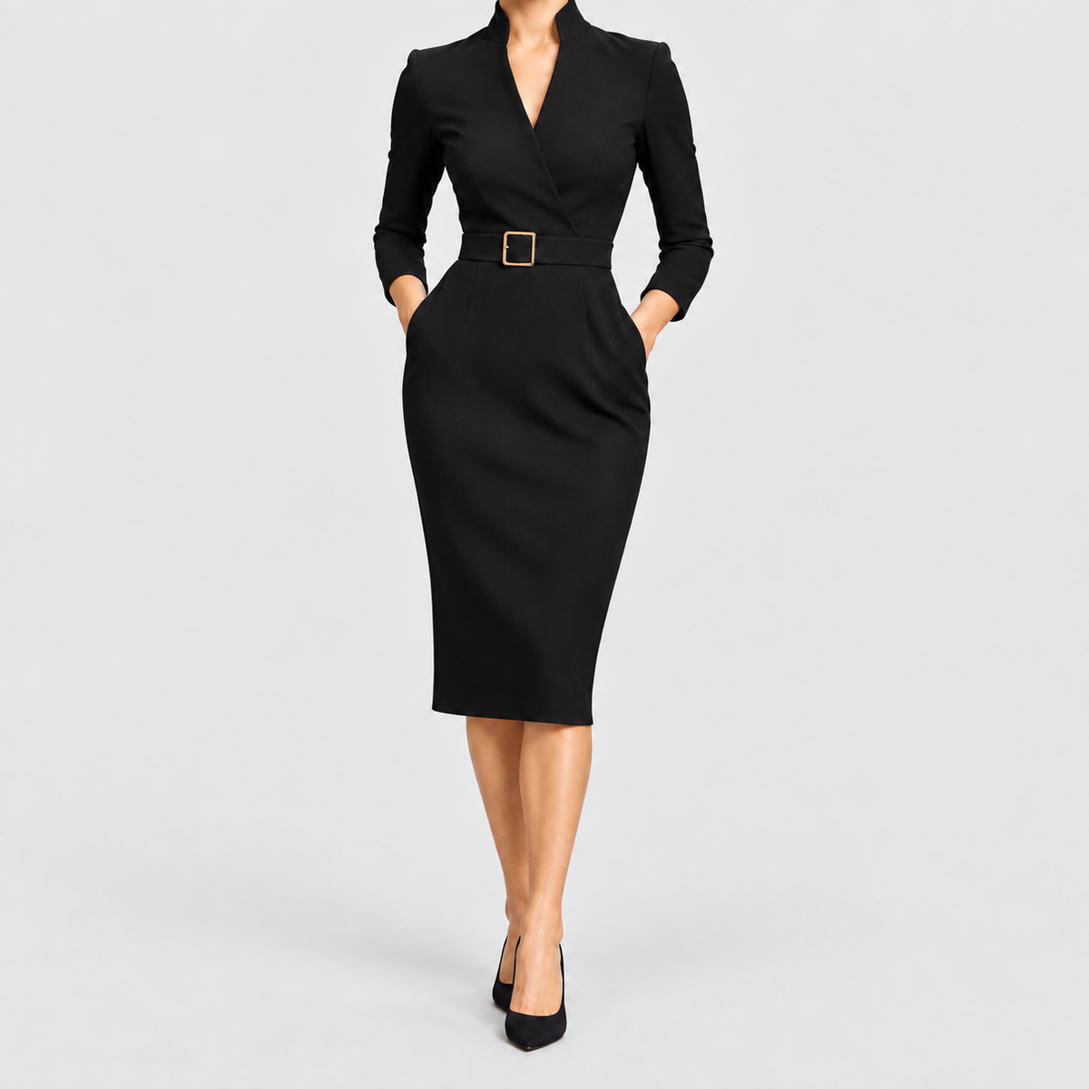 Women's Elegant Neckline Midi Dress — Black