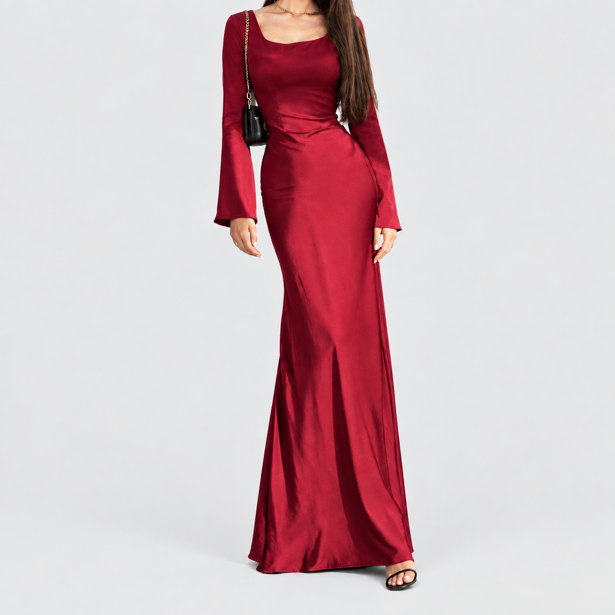 Women's Long-Sleeve Flowing Maxi Dress — Red