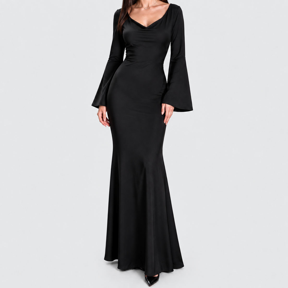 Women's Long-Sleeve Flowing Maxi Dress — Black