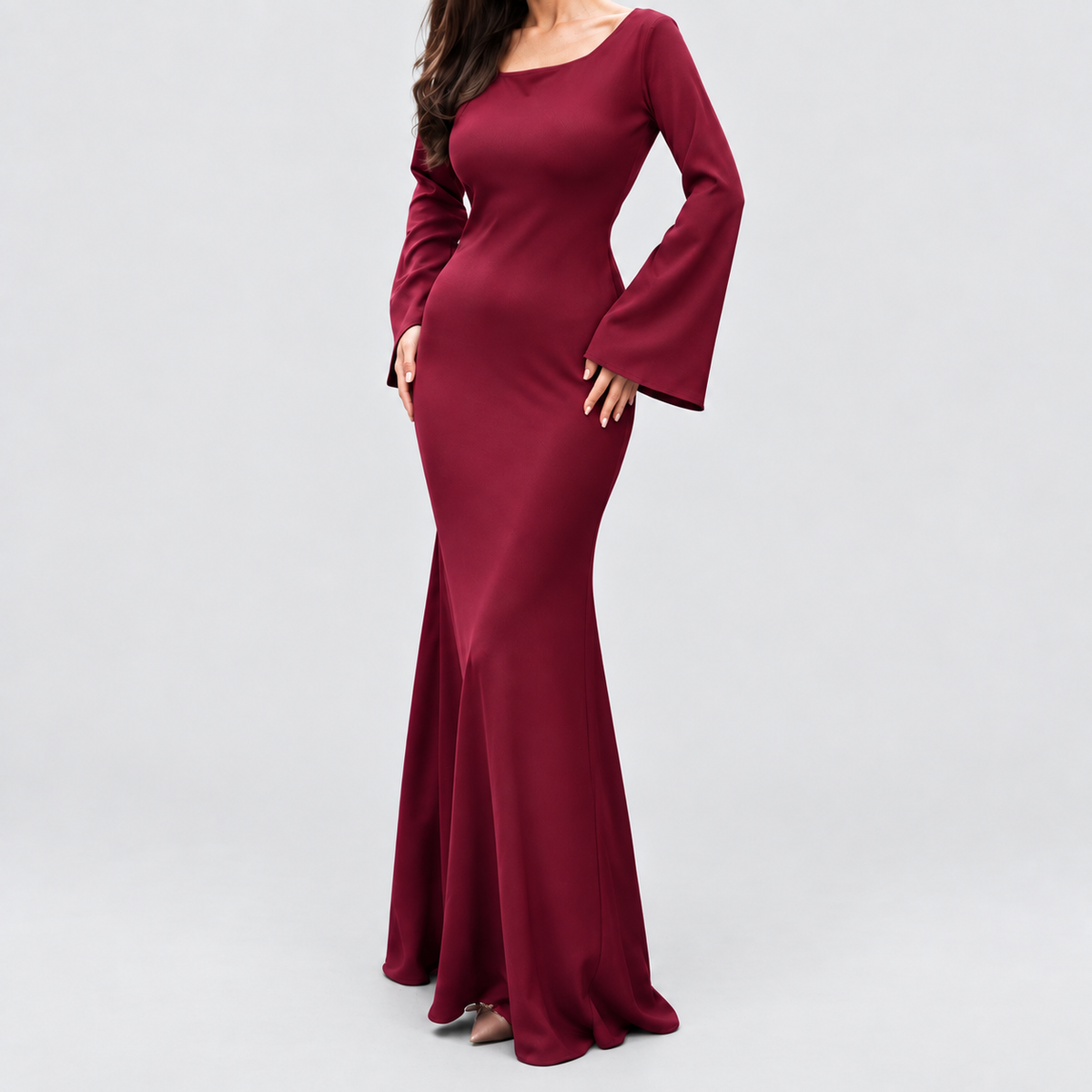 Women's Long-Sleeve Flowing Maxi Dress — Burgundy