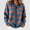 Mabel | Women’s Long Checked Button-Front Cardigan Sweater — Blue and Orange
