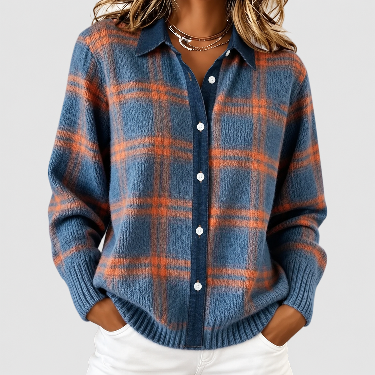 Mabel | Women’s Long Checked Button-Front Cardigan Sweater — Blue and Orange