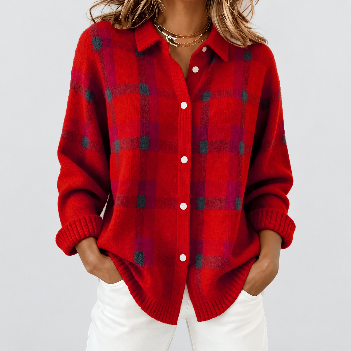 Mabel | Women’s Long Checked Button-Front Cardigan Sweater — Red