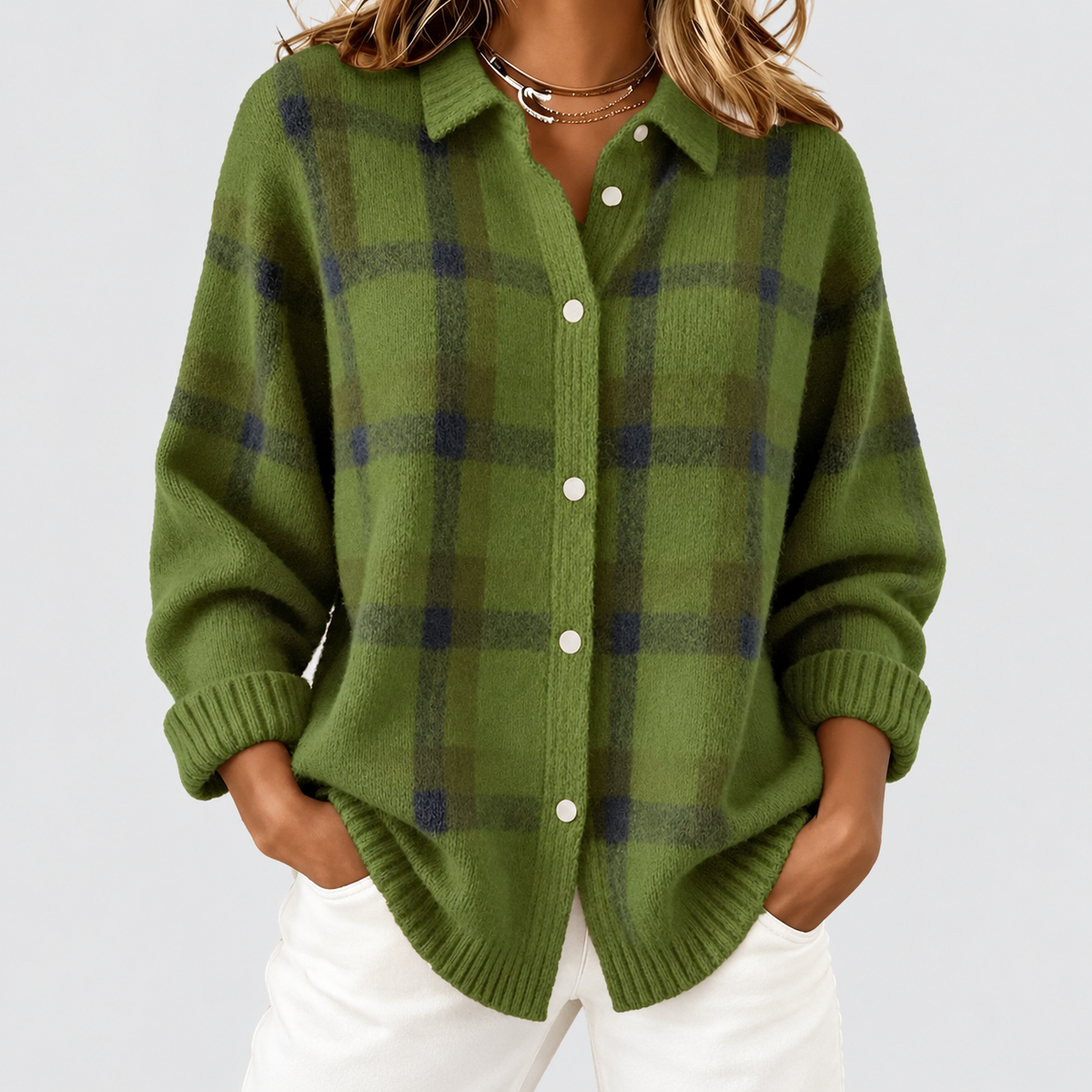 Mabel | Women’s Long Checked Button-Front Cardigan Sweater — Green