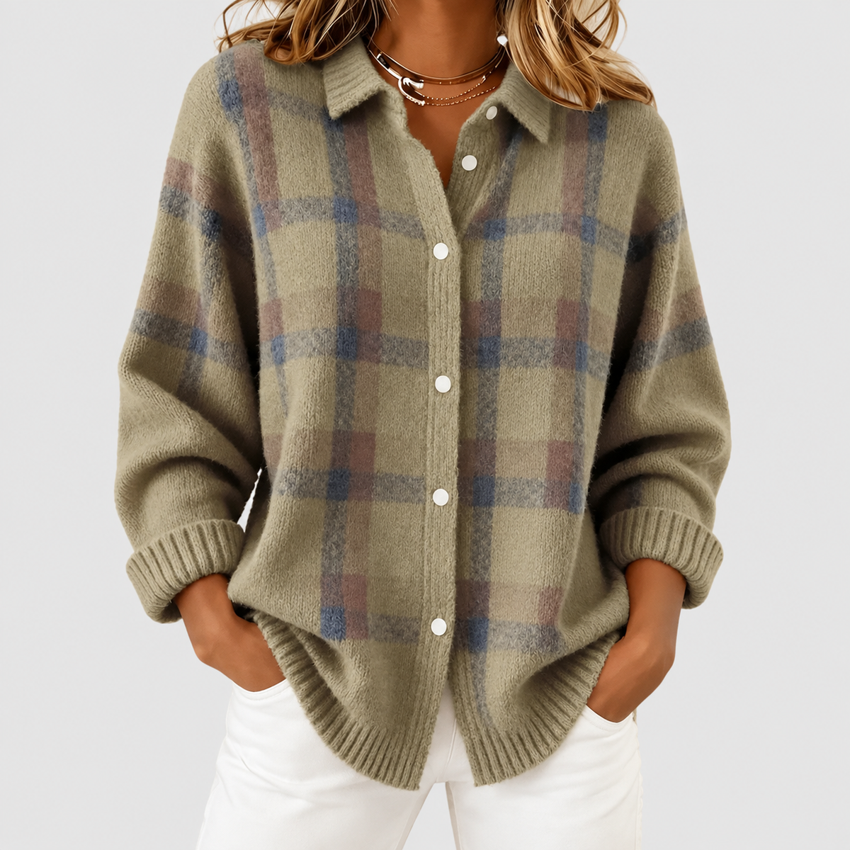 Mabel | Women’s Long Checked Button-Front Cardigan Sweater — Brown