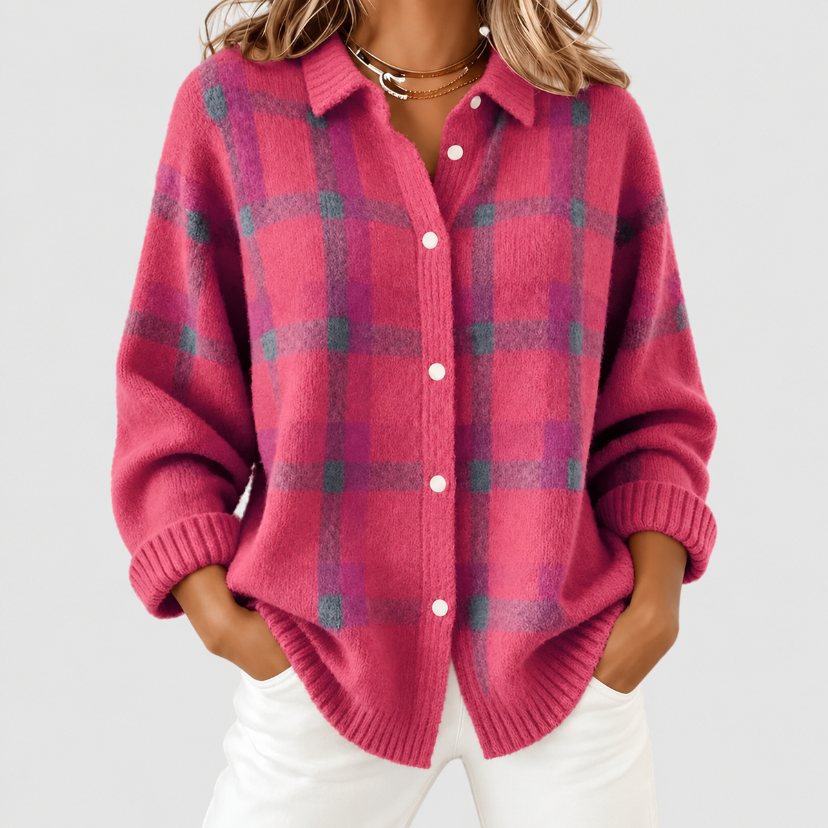 Mabel | Women’s Long Checked Button-Front Cardigan Sweater — Pink
