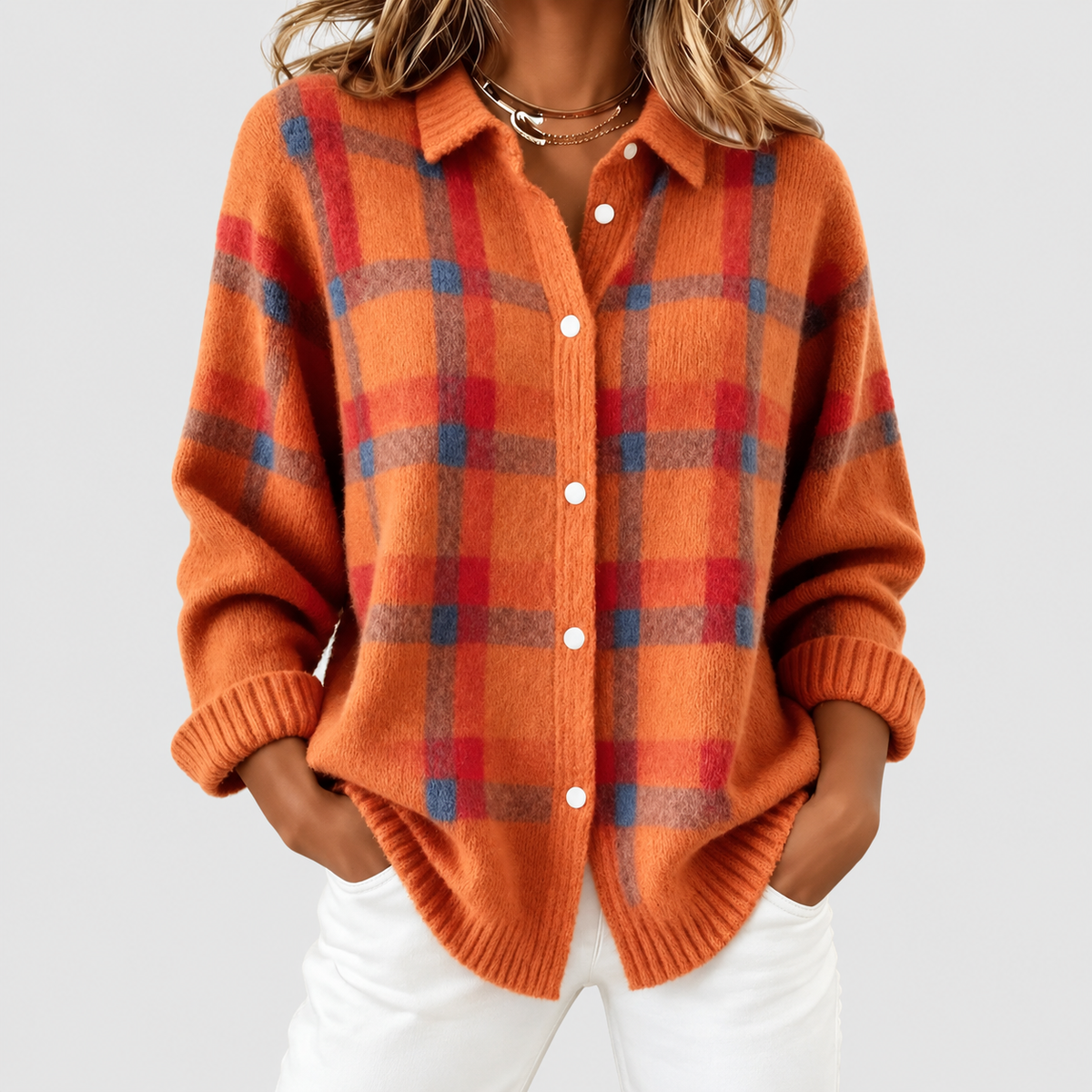 Mabel | Women’s Long Checked Button-Front Cardigan Sweater — Orange