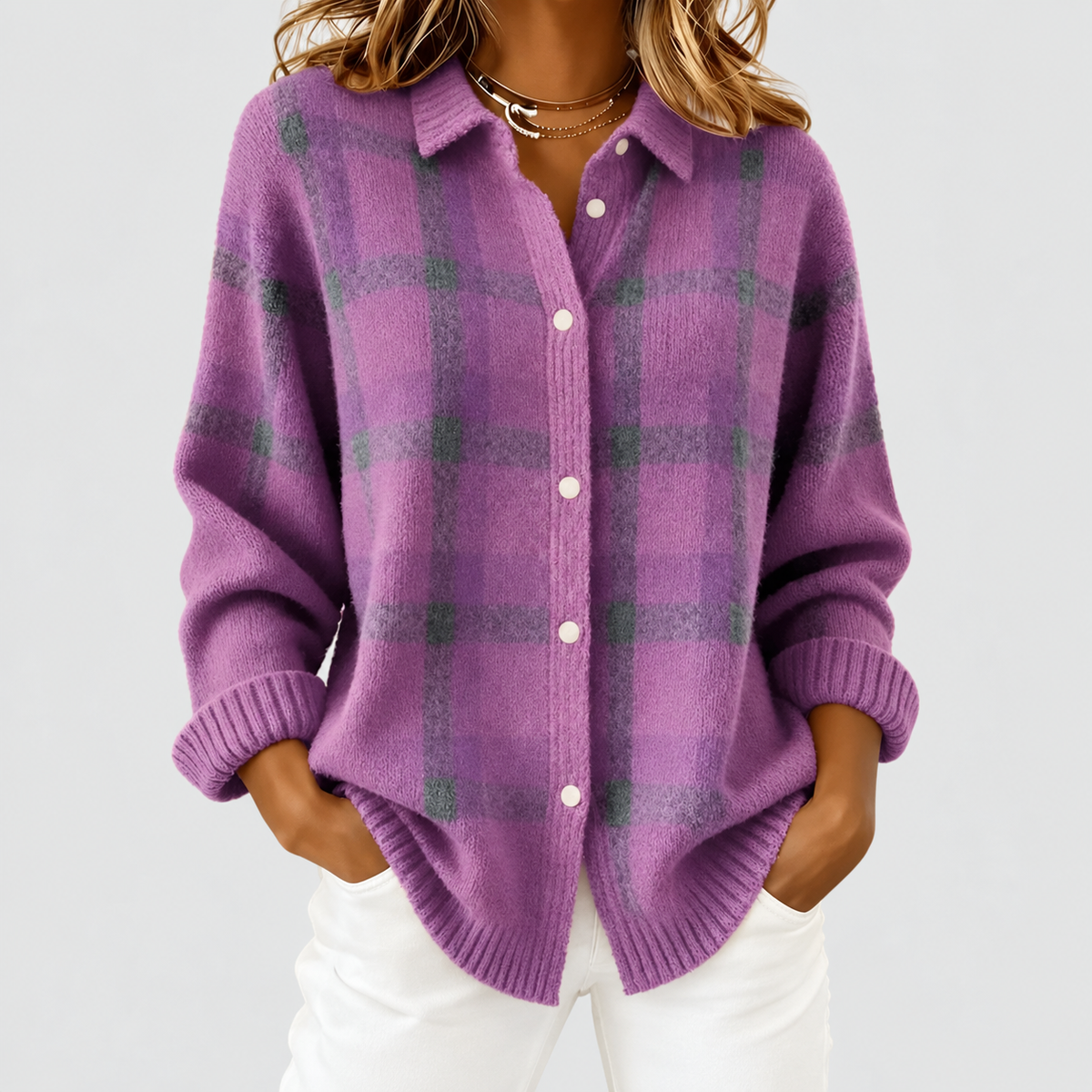 Mabel | Women’s Long Checked Button-Front Cardigan Sweater — Purple