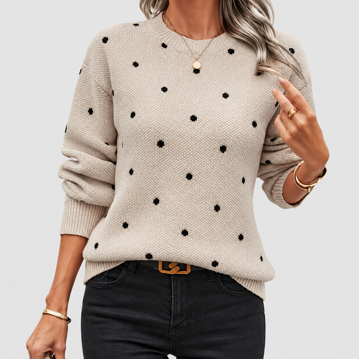 Maelynn | Women’s Polka-Dot Knit Sweater — Khaki