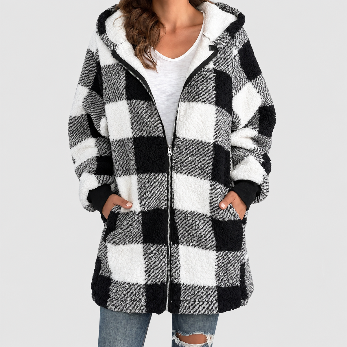 Magdalena | Women’s Oversized Checked Hooded Cardigan — Black