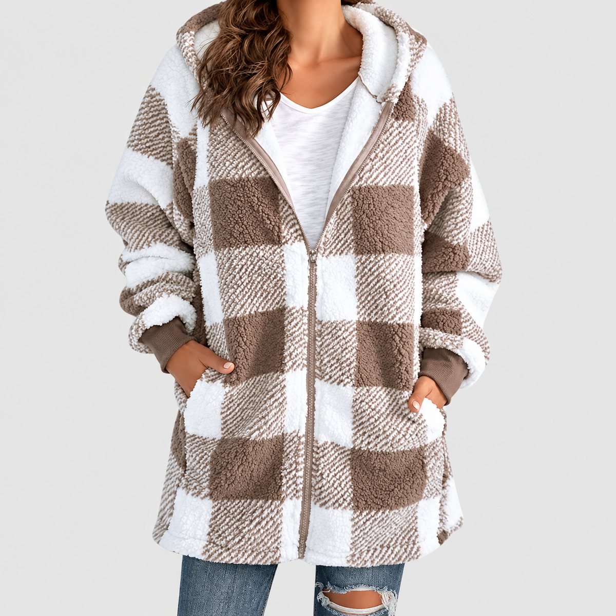 Magdalena | Women’s Oversized Checked Hooded Cardigan — Khaki