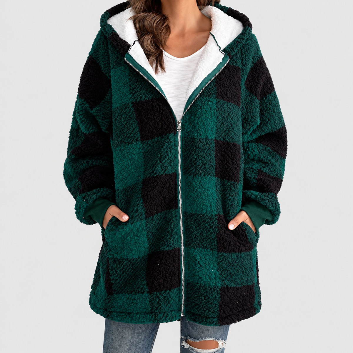 Magdalena | Women’s Oversized Checked Hooded Cardigan — Green
