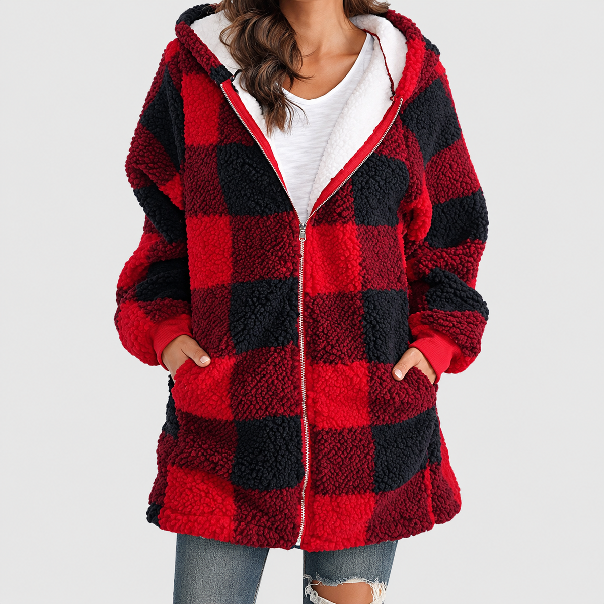 Magdalena | Women’s Oversized Checked Hooded Cardigan — Red