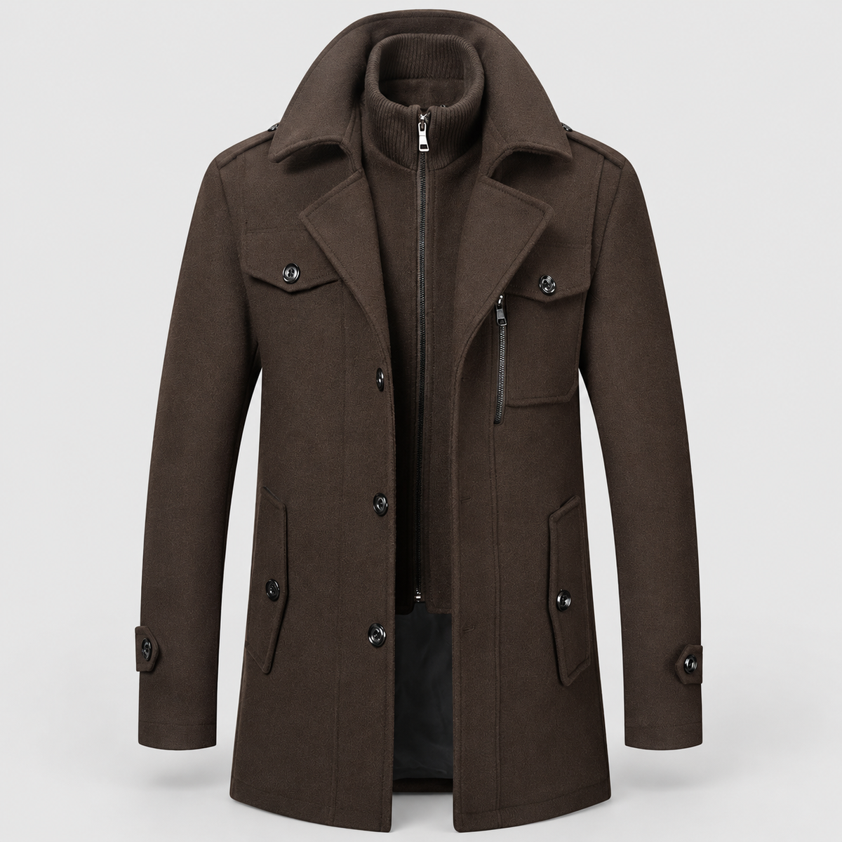 Malcolm | Men’s Winter Coat with Zip-Front Inner Layer — Dark Brown