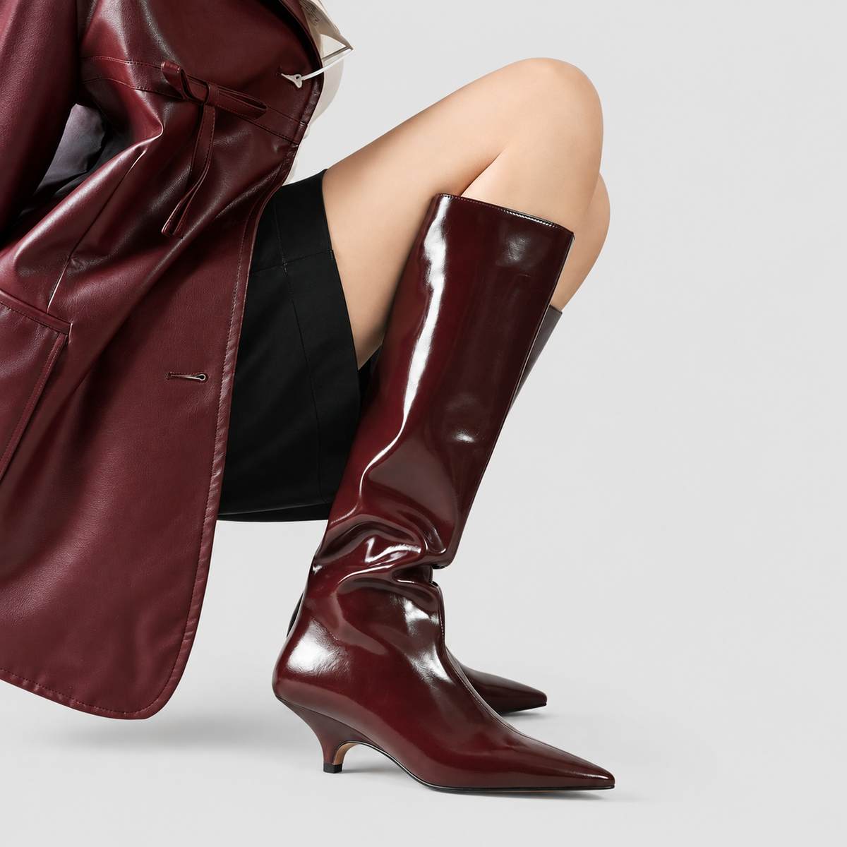 Marceline | Women’s Pointed-Toe Knee-High Kitten-Heel Boots — Burgundy