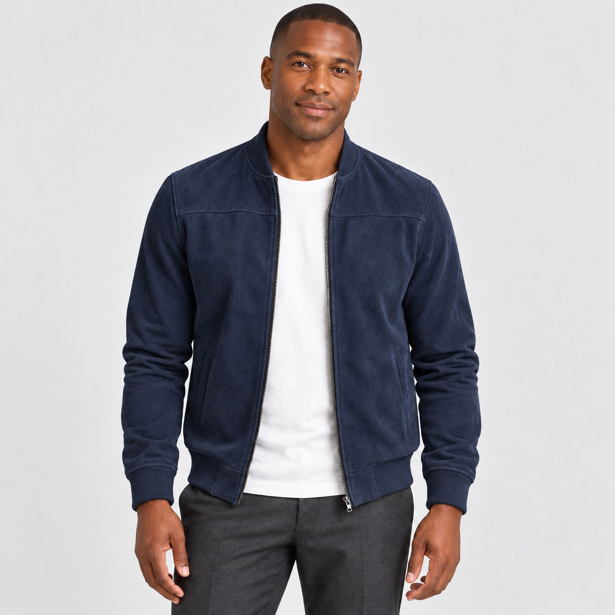Suede-Look Zip-Front Bomber Jacket in dark blue - front view on model