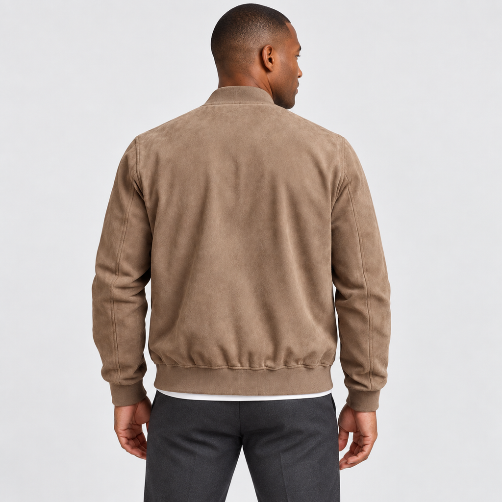 Suede-Look Zip-Front Bomber Jacket in beige - back view on model