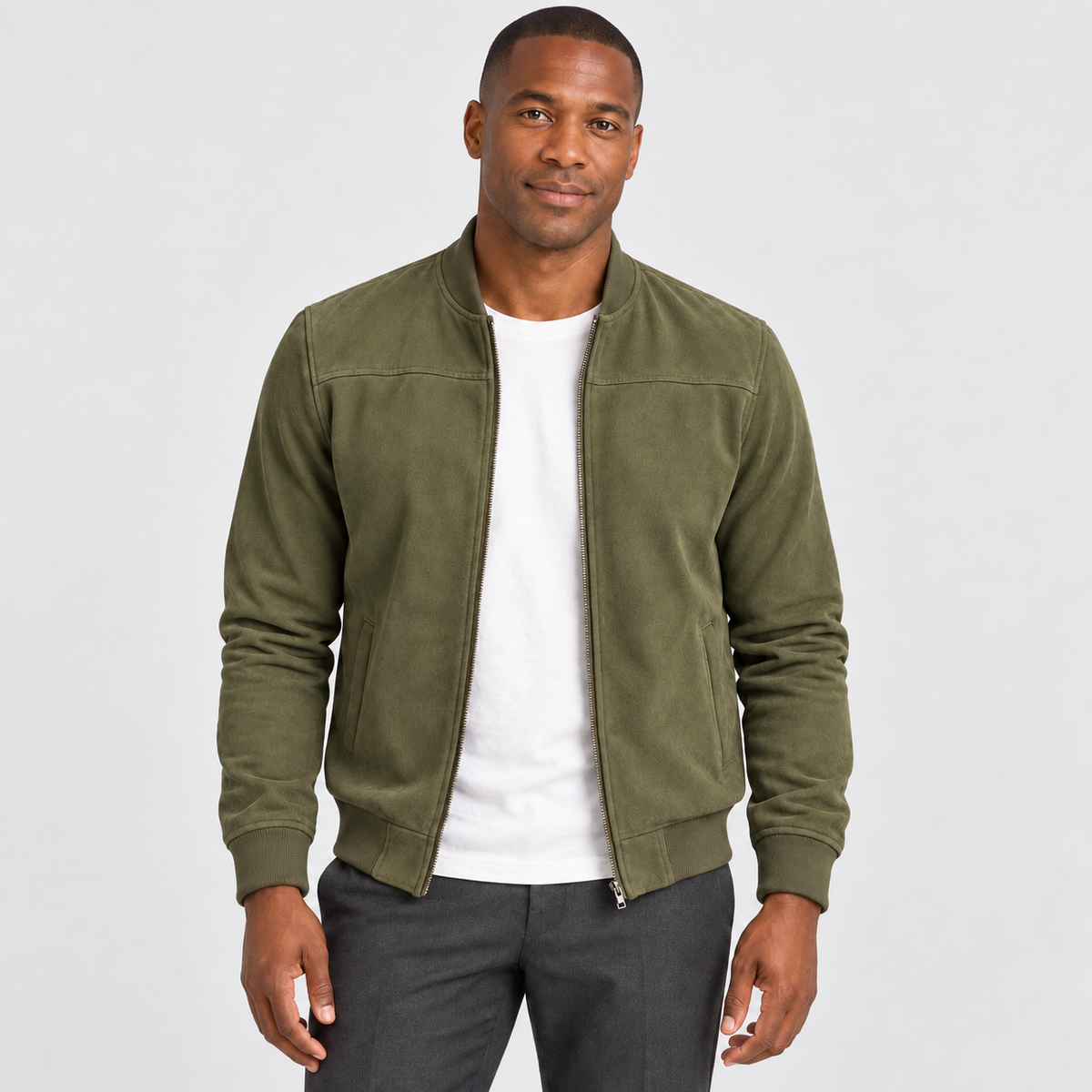 Suede-Look Zip-Front Bomber Jacket in green - front view on model