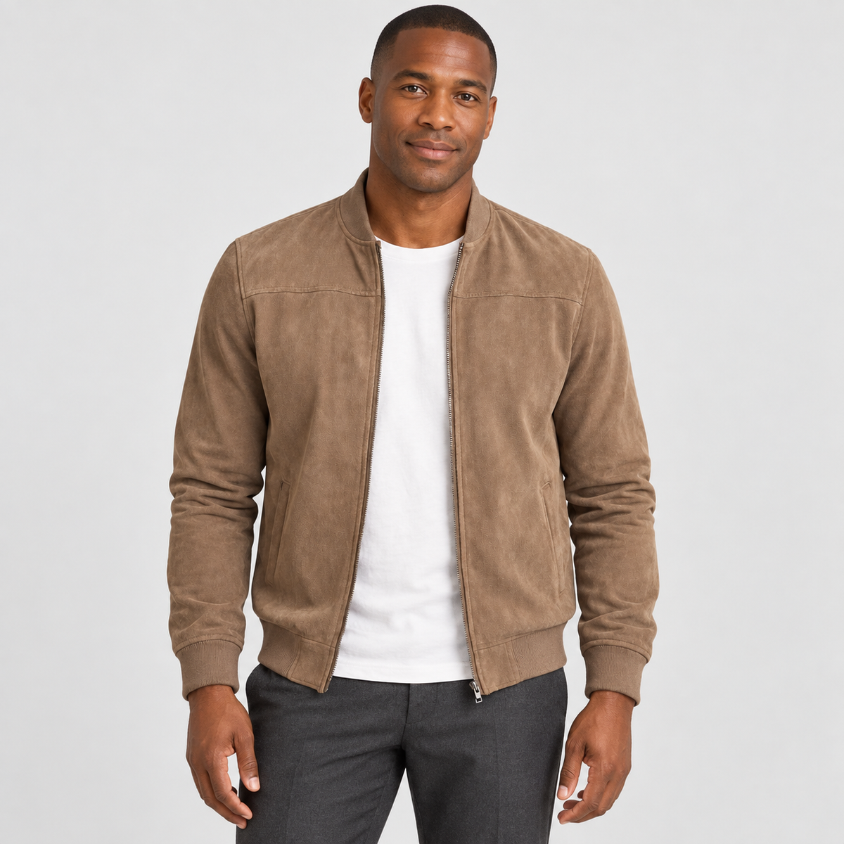 Suede-Look Zip-Front Bomber Jacket in beige - front view on model