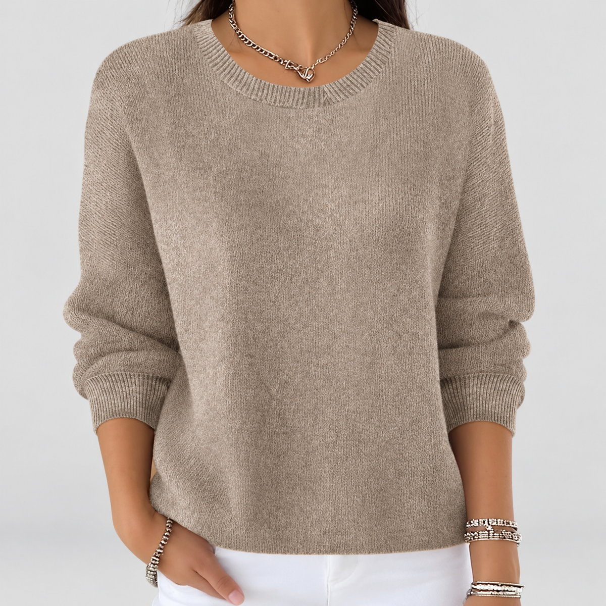 Margot | Women’s Round-Neck Knit Sweater — Khaki