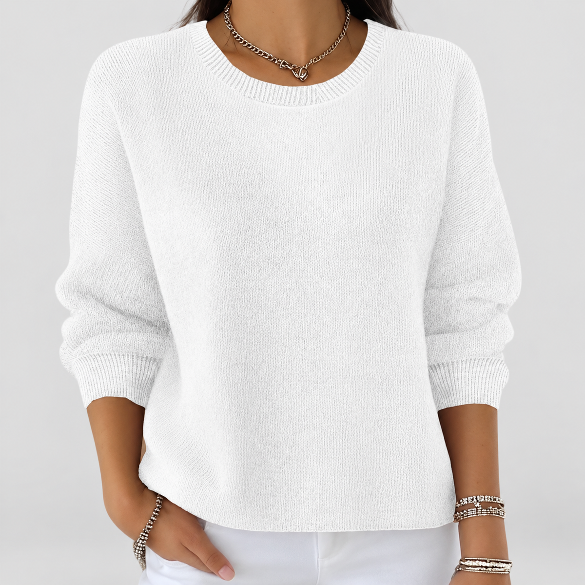Margot | Women’s Round-Neck Knit Sweater — White