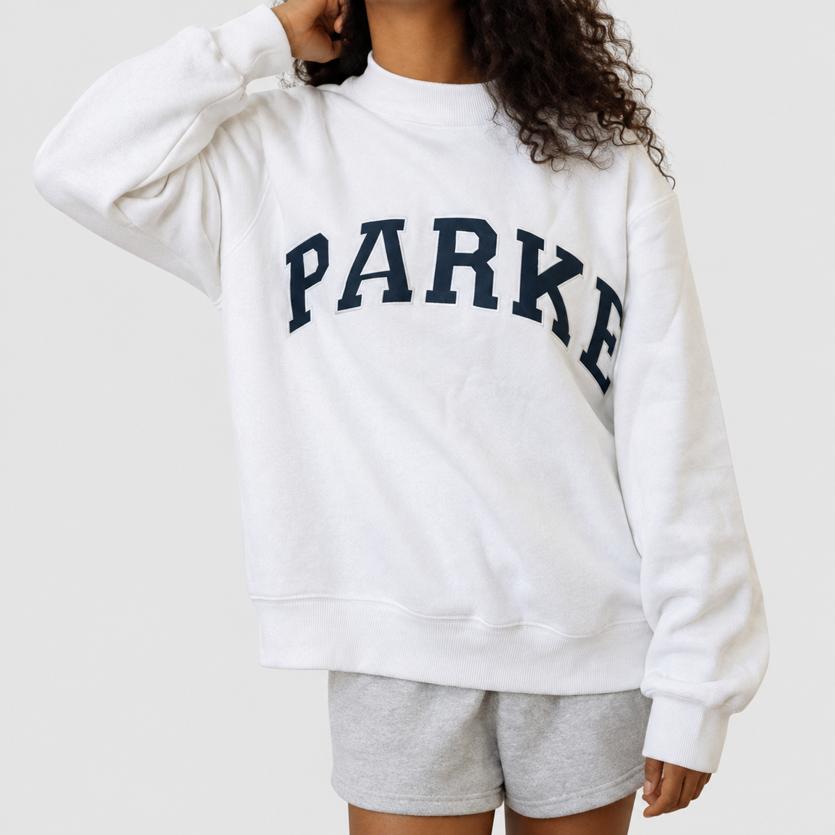 Marguerite | Women’s Oversized Mock-Neck Varsity Sweatshirt — Light grey-navy blue