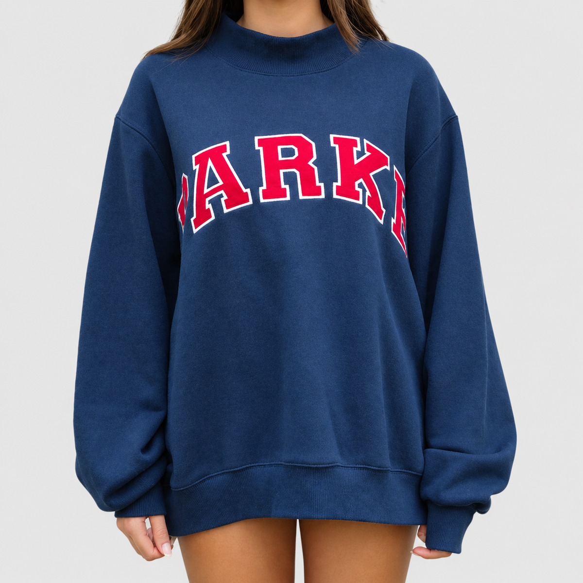 Marguerite | Women’s Oversized Mock-Neck Varsity Sweatshirt — Navy blue-red letter