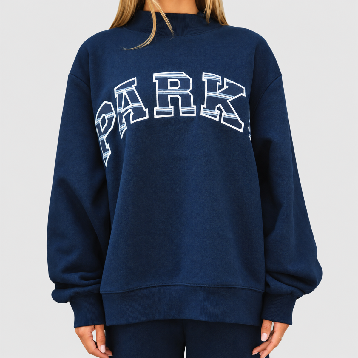 Marguerite | Women’s Oversized Mock-Neck Varsity Sweatshirt — Navy blue-white border