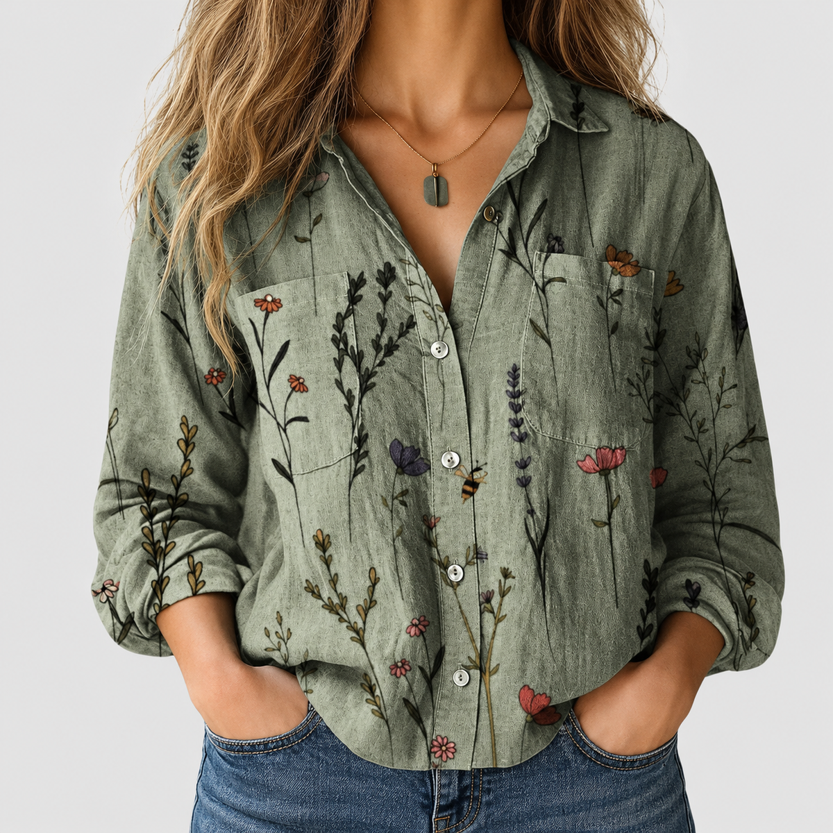 Maribelle | Women’s Bohemian-Print Button-Up Blouse — Green