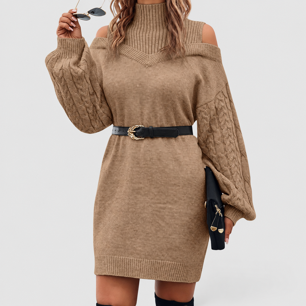 Marina | Women’s Turtleneck Sweater Dress with Cold-Shoulder Detail — product detail 2