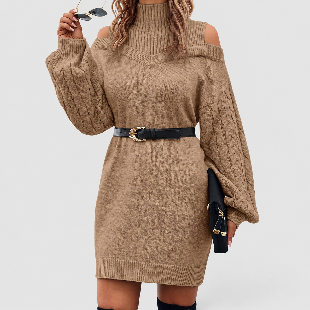 Marina | Women’s Turtleneck Sweater Dress with Cold-Shoulder Detail — product detail 2