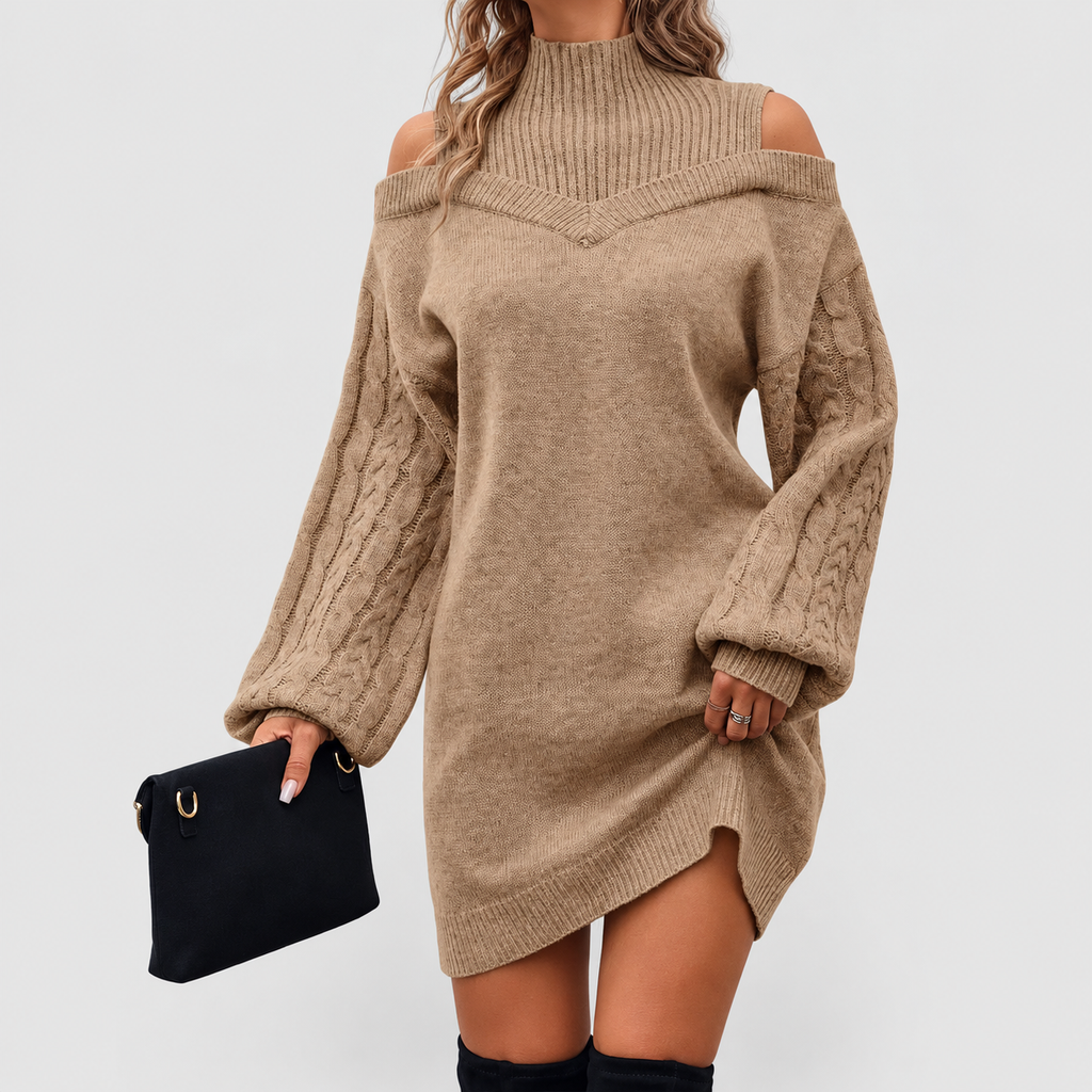 Marina | Women’s Turtleneck Sweater Dress with Cold-Shoulder Detail — product detail 3