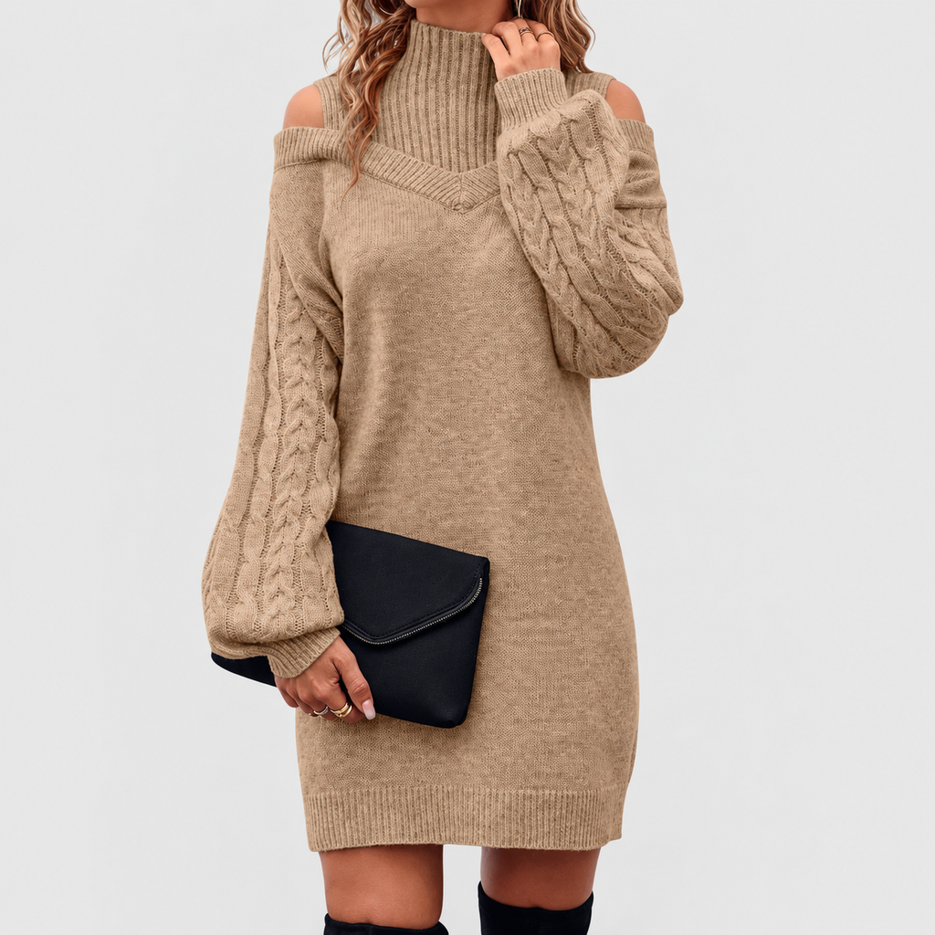 Marina | Women’s Turtleneck Sweater Dress with Cold-Shoulder Detail — product detail 4