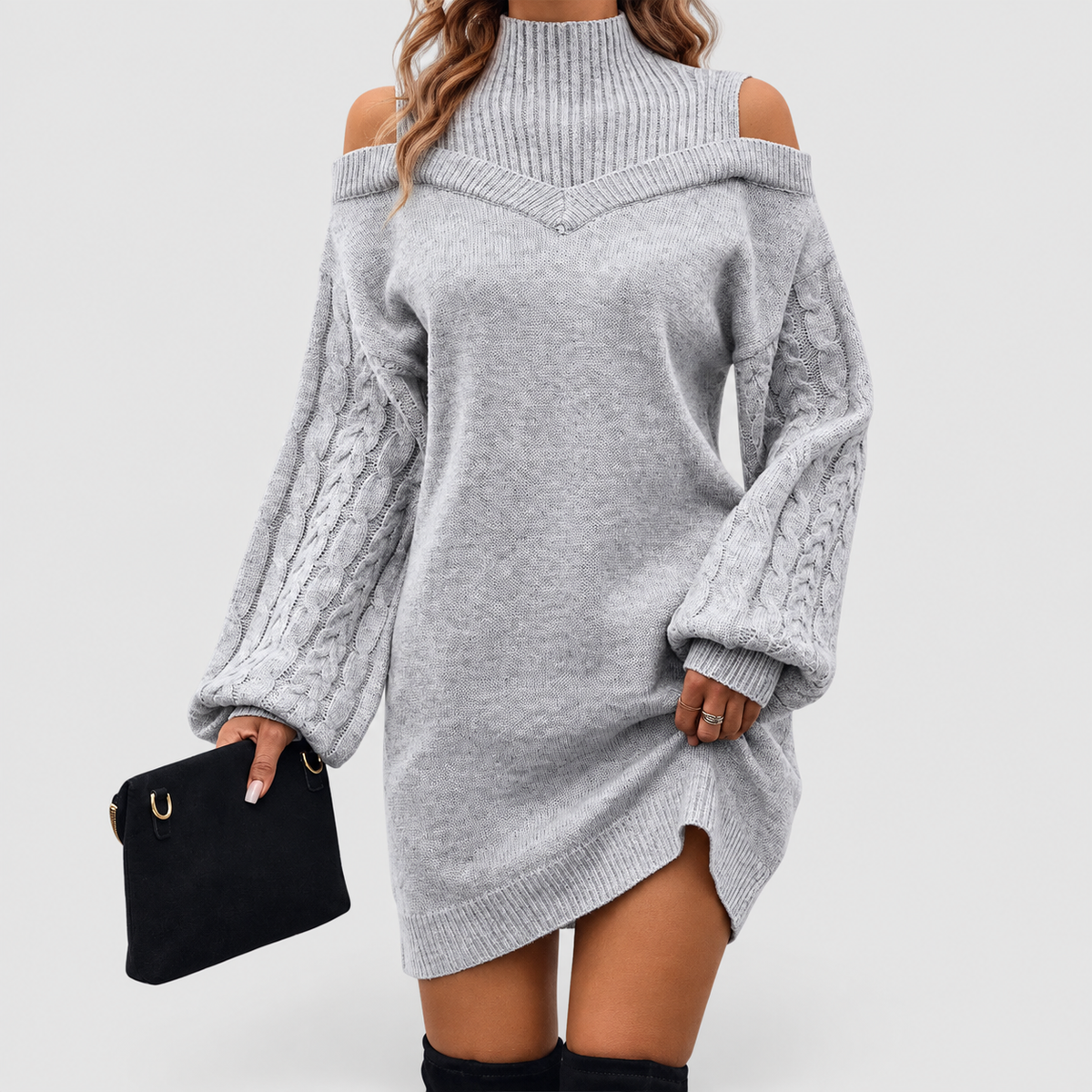 Marina | Women’s Turtleneck Sweater Dress with Cold-Shoulder Detail — product detail 7