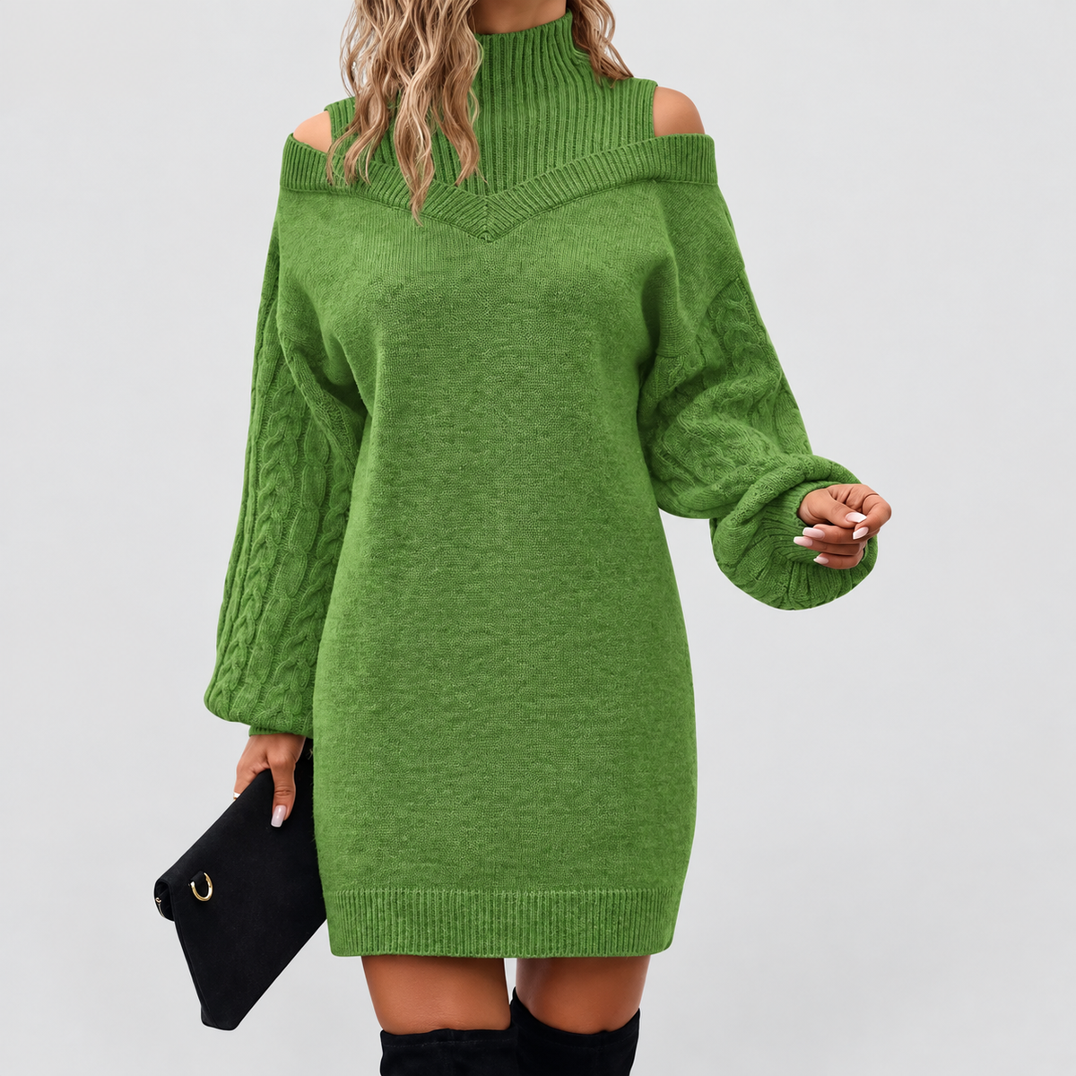 Marina | Women’s Turtleneck Sweater Dress with Cold-Shoulder Detail — Green
