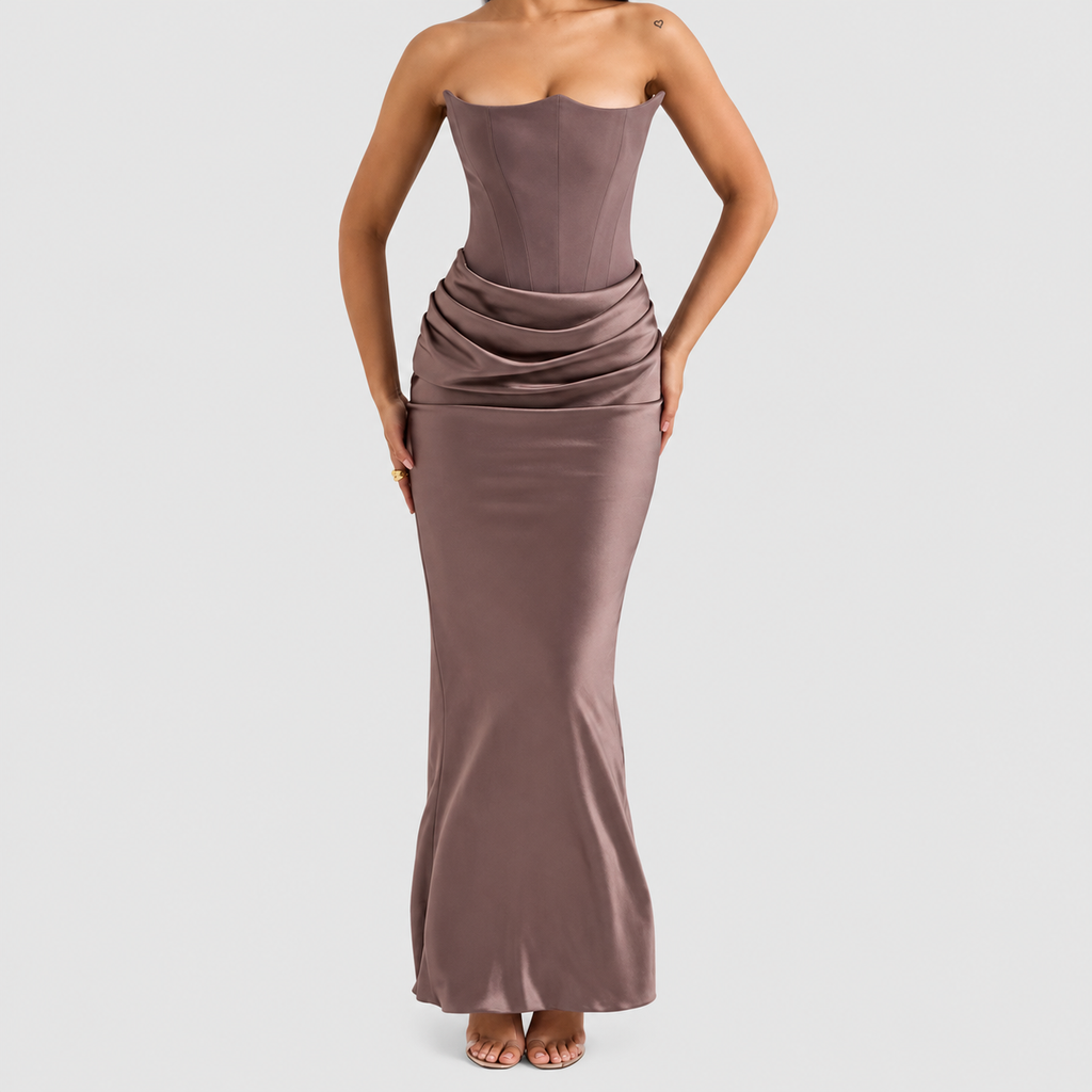 Matilda | Women’s Strapless Satin-Effect Corset Gown — Smoke