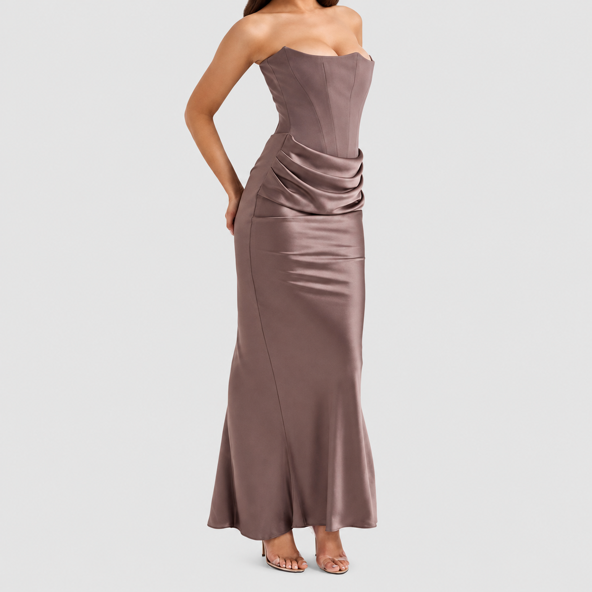 Matilda | Women’s Strapless Satin-Effect Corset Gown — Smoke