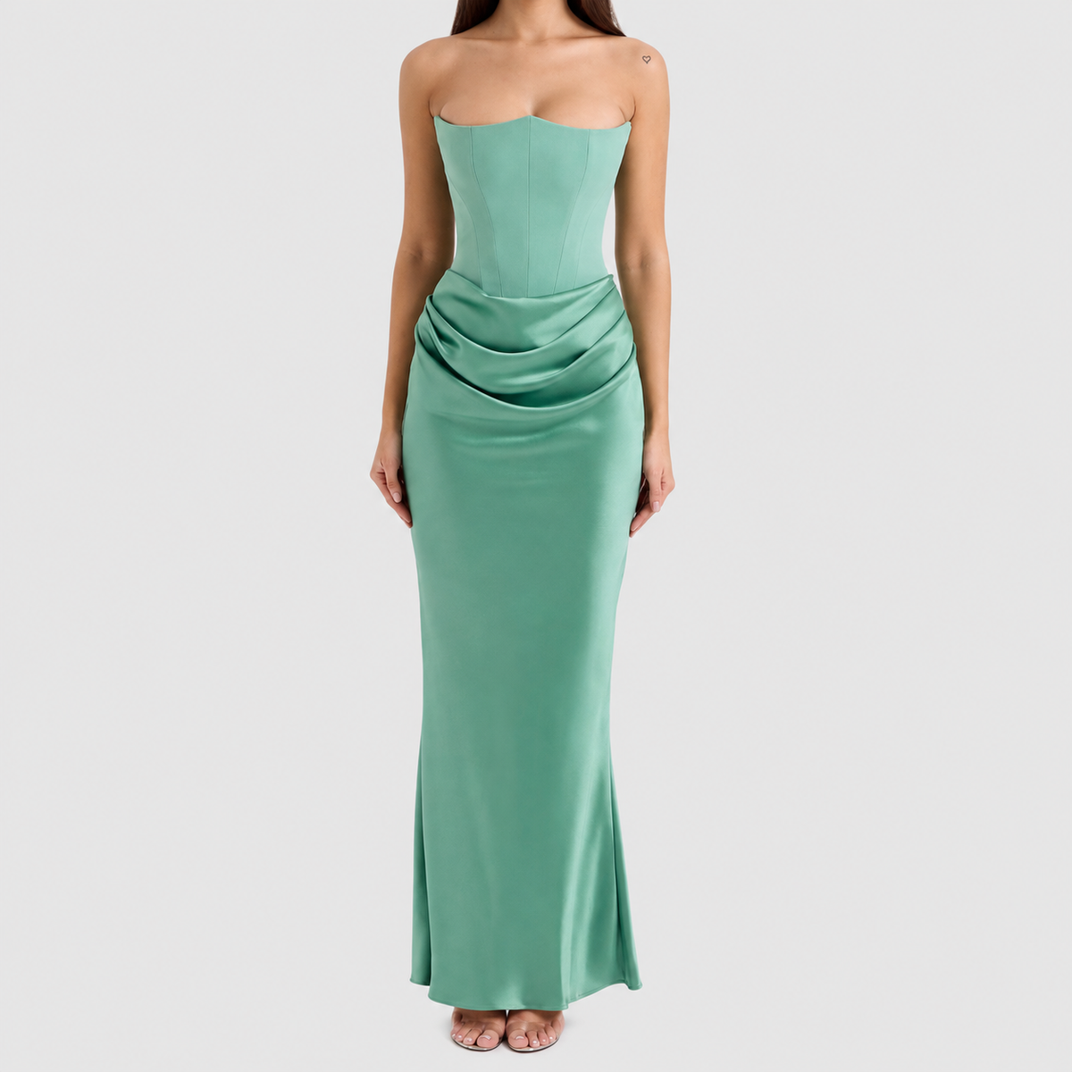 Matilda | Women’s Strapless Satin-Effect Corset Gown — Sage Green