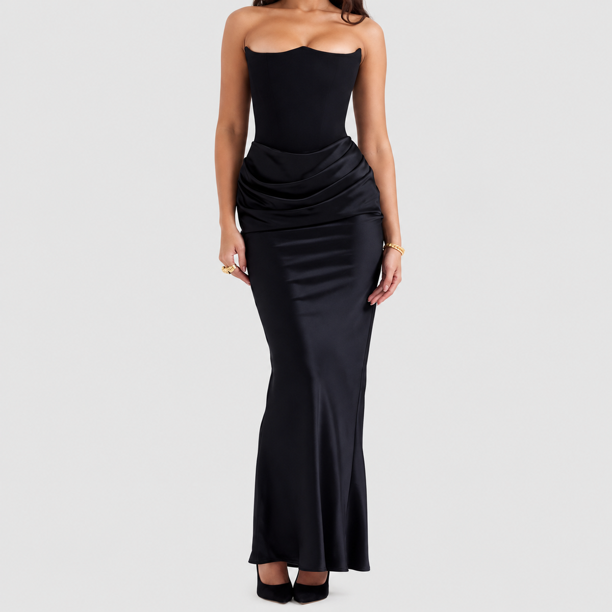 Matilda | Women’s Strapless Satin-Effect Corset Gown — Black