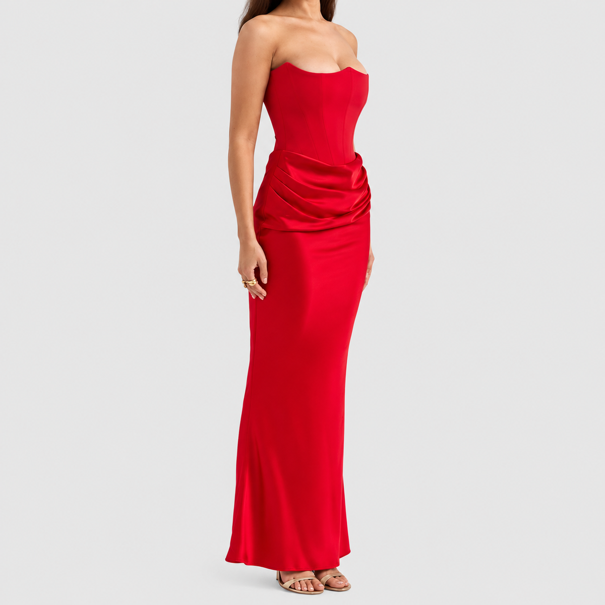 Matilda | Women’s Strapless Satin-Effect Corset Gown — Ruby