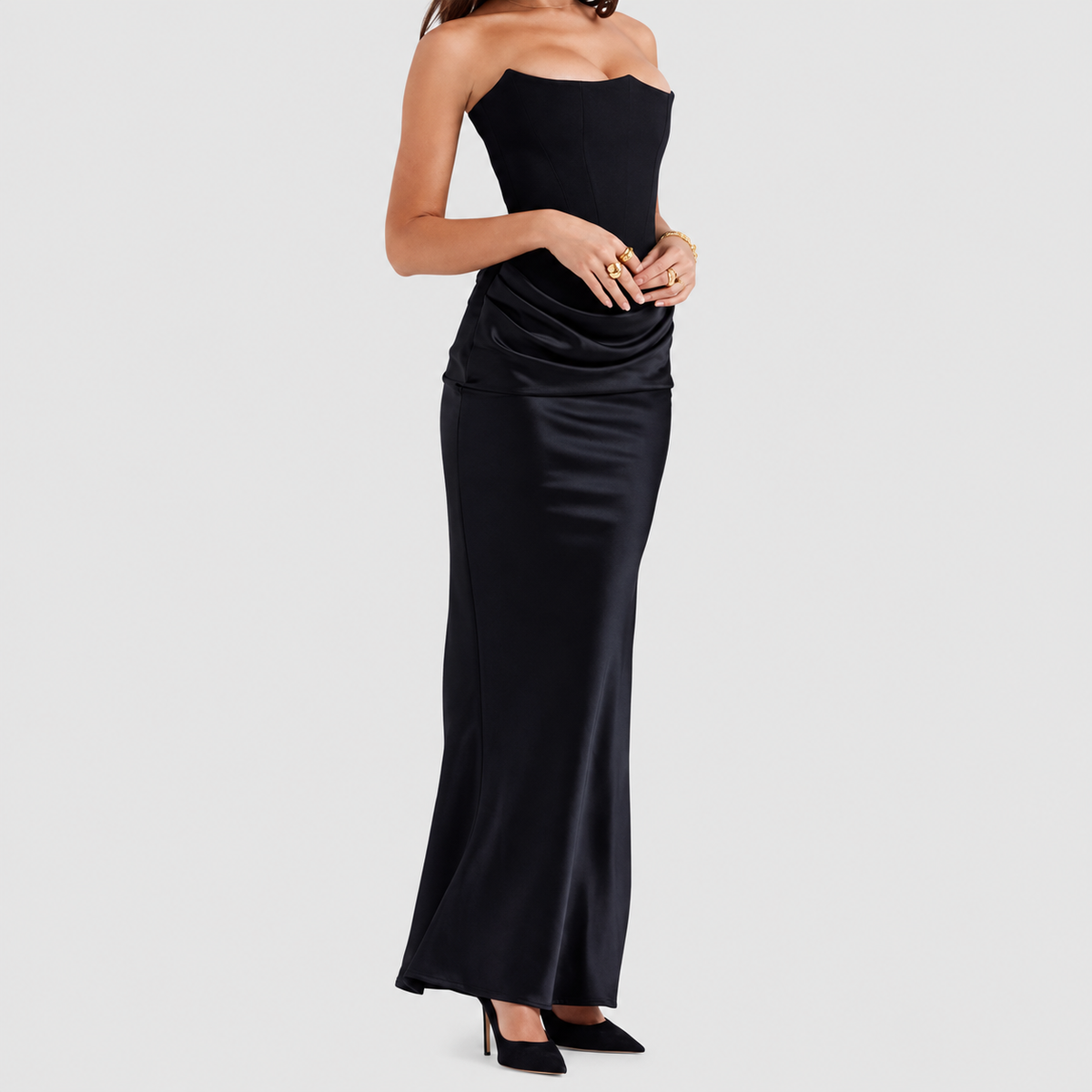 Matilda | Women’s Strapless Satin-Effect Corset Gown — Black