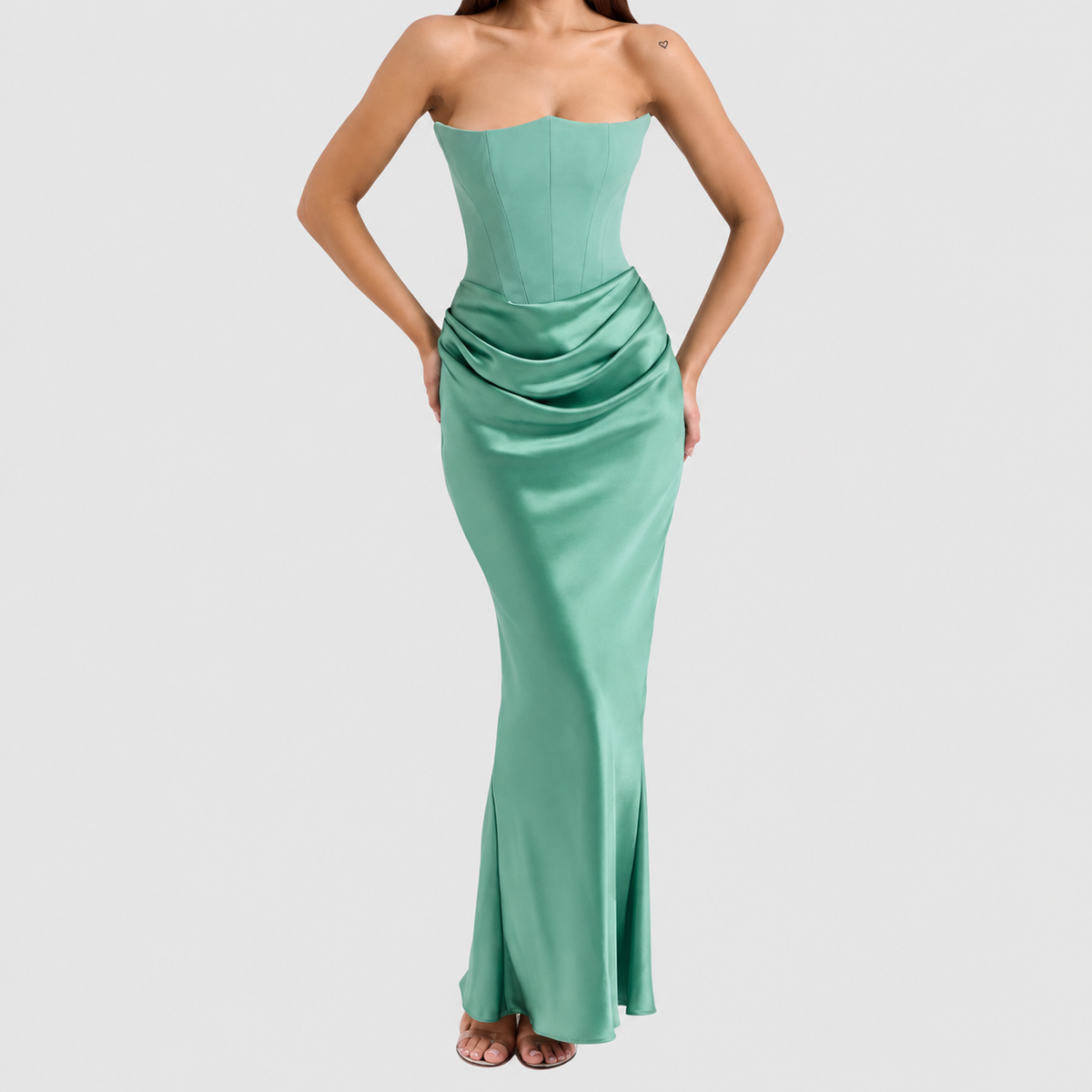 Matilda | Women’s Strapless Satin-Effect Corset Gown — Sage Green