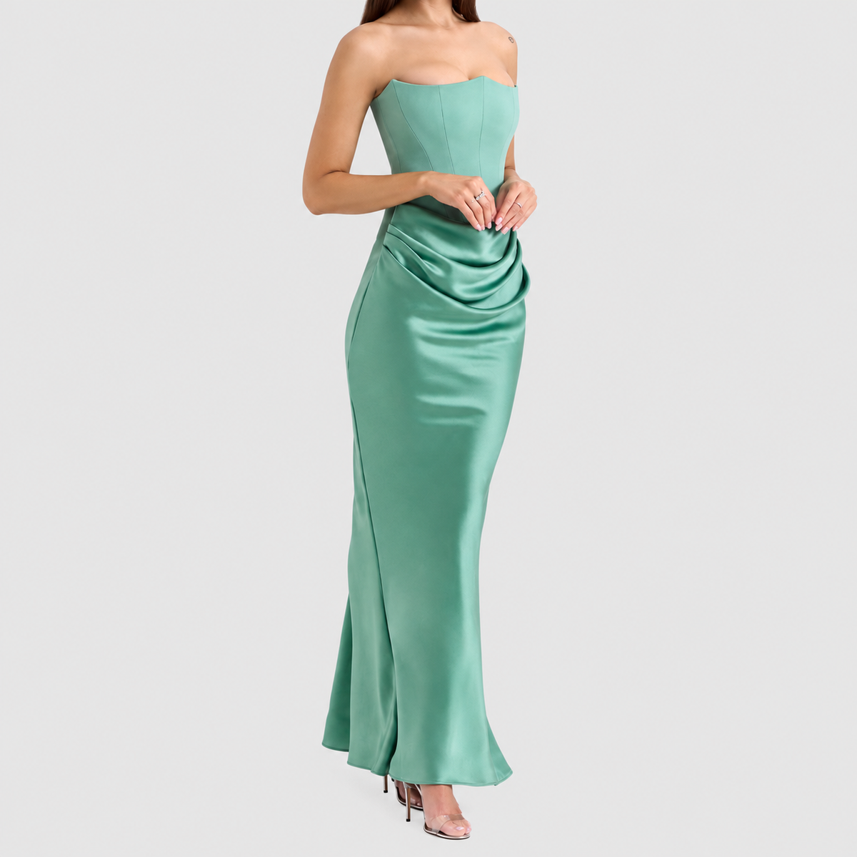Matilda | Women’s Strapless Satin-Effect Corset Gown — Sage Green