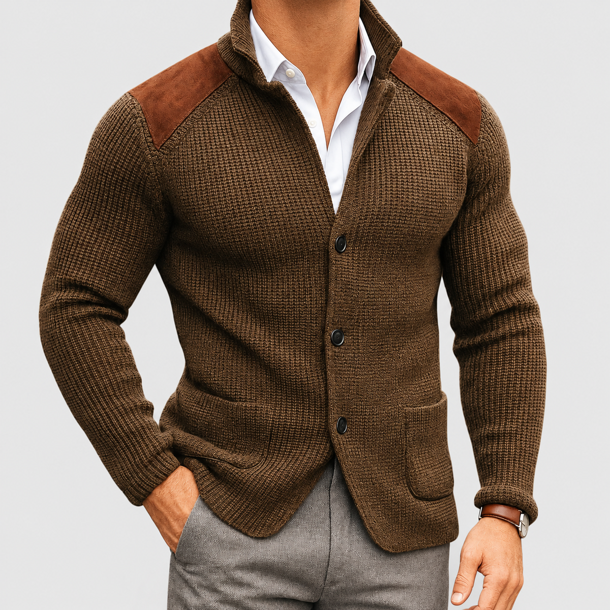 Mattias | Men’s Textured Knit Blazer Cardigan — Brown