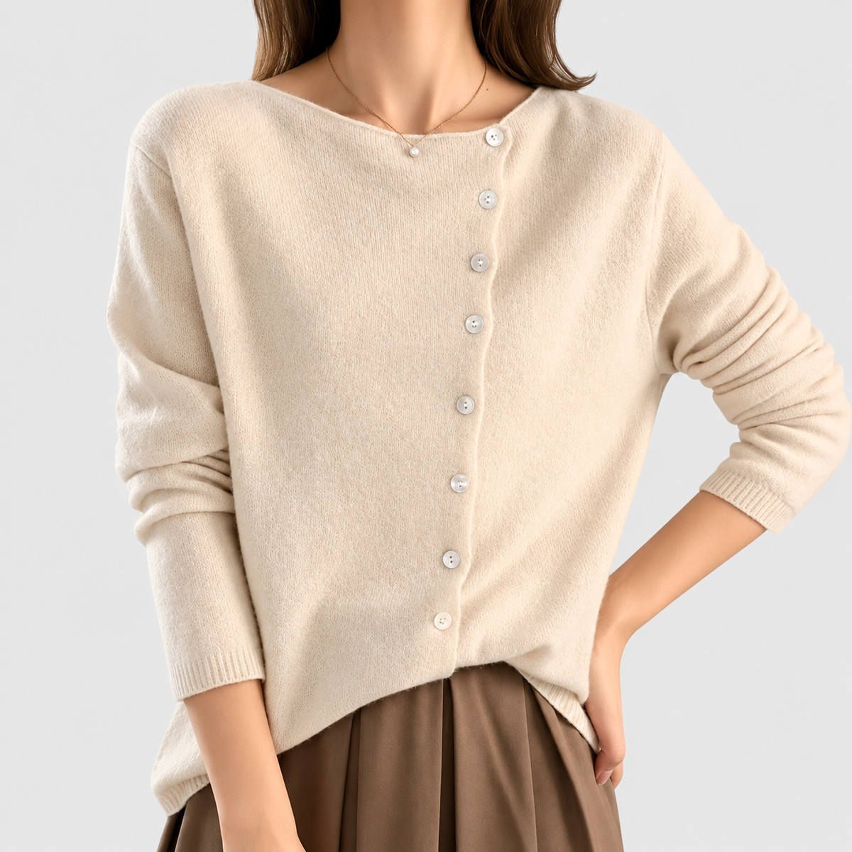 Maura | Women’s Asymmetric Button-Front Cardigan — Beige